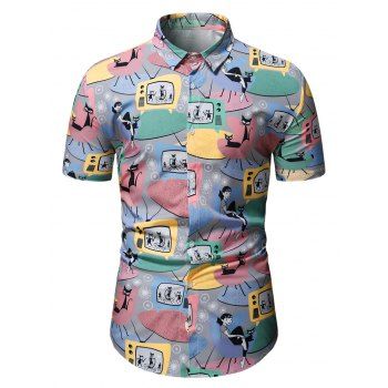 

Television Figure Cat Print Graphic Short Sleeve Shirt, Multicolor