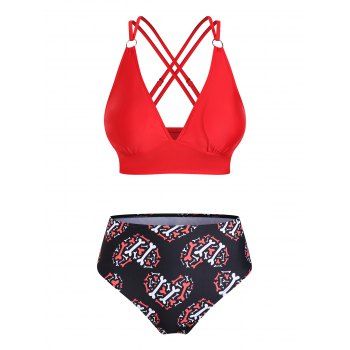 

Bone Heart Print Padded Criss-cross Bikini Swimwear, Deep red