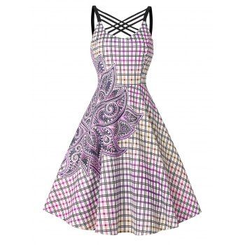 

Crisscross Flower Plaid Print A Line Dress, Light purple