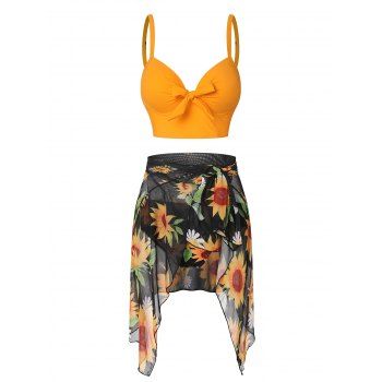 

Beach Tankini Swimwear Sunflower Print Bowknot Underwire Push Up Multiway Three Piece Swimsuit, Light orange