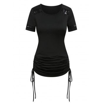 

Casual Cinched Lace Insert T Shirt, Black