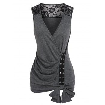 

Bowknot Eyelet Rose Lace Panel Surplice Tank Top, Dark gray