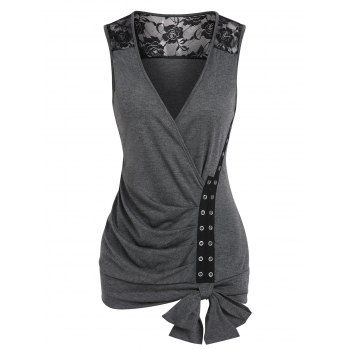 Women Bowknot Eyelet Rose Lace Panel Surplice Tank Top Clothing Xxxl Dark gray