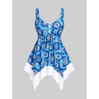 

Plus Size & Curve Floral Print Handkerchief Longline Tank Top, Blue