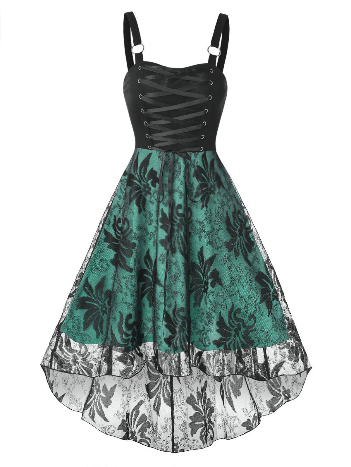 Vintage Contrast Lace Insert Lace Up High Low Midi Cami Dress - BLACK XXXL
