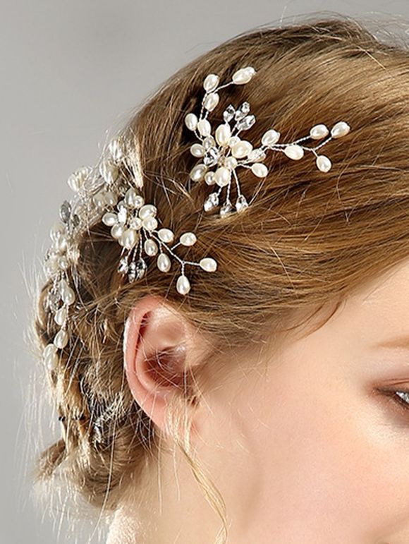 Épingles à Cheveux Motif Floral et Perles Fantaisies pour Mariage et Fête - Argent 