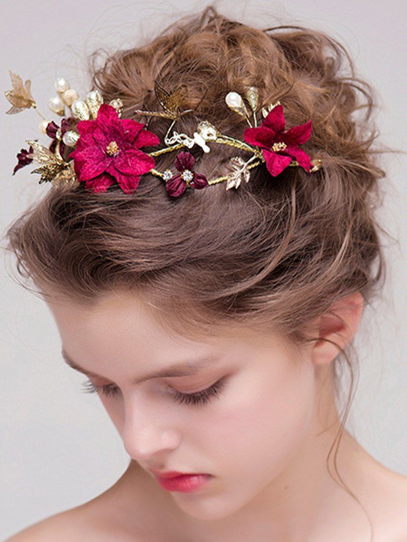 Bandeau de Cheveux Mariage de Soirée Elégant Fleur Papillon en Fausse Perle - Rouge 