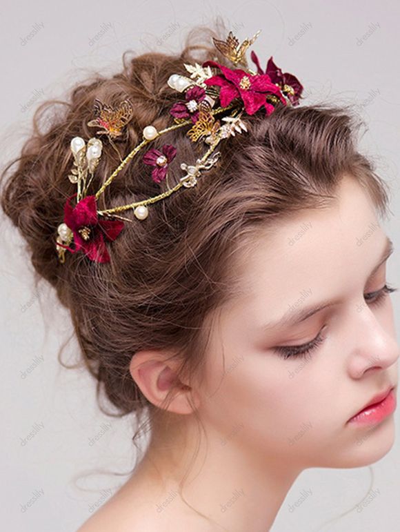 Bandeau de Cheveux Mariage de Soirée Elégant Fleur Papillon en Fausse Perle - Rouge 