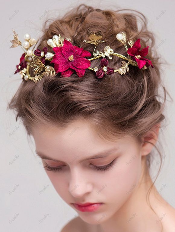 Bandeau de Cheveux Mariage de Soirée Elégant Fleur Papillon en Fausse Perle - Rouge 