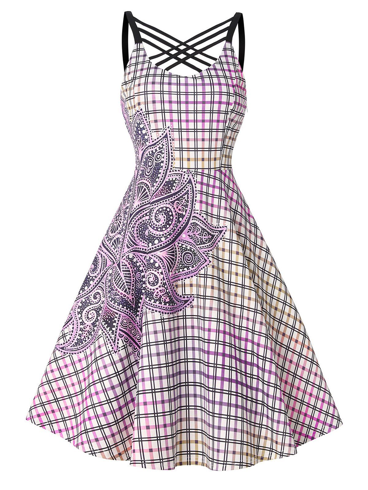 Crisscross Flower Plaid Print A Line Dress - LIGHT PURPLE XL