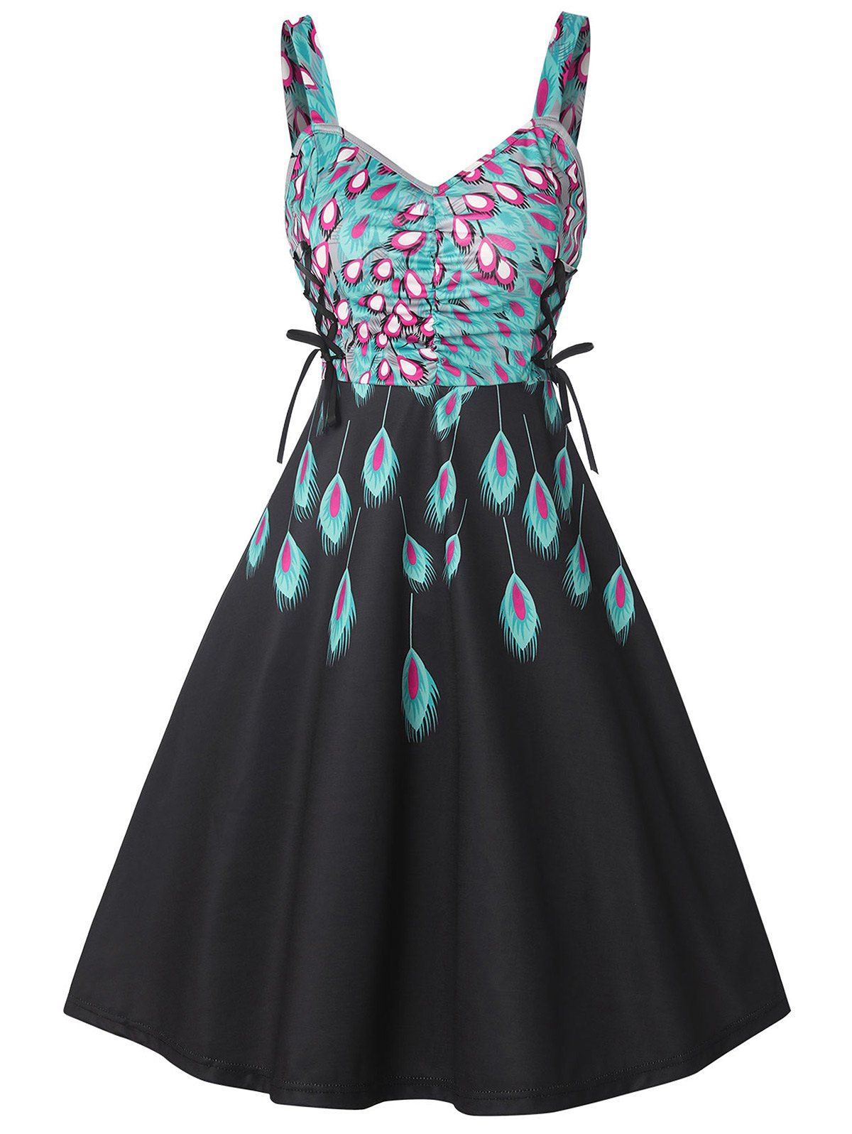 Peacock Feather Print A Line Dress Lace Up Ruched Bust Sleeveless Midi Dress - BLACK XL