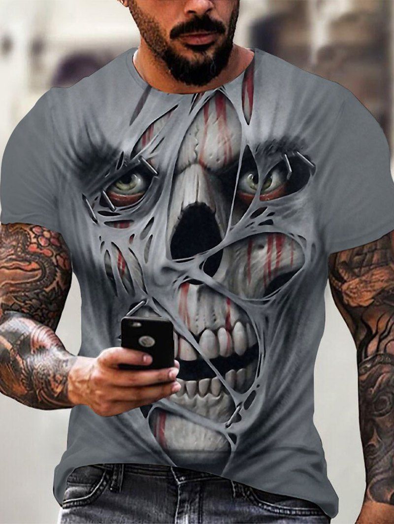 3D Skull Devil Print Short Sleeve T-shirt - multicolor L
