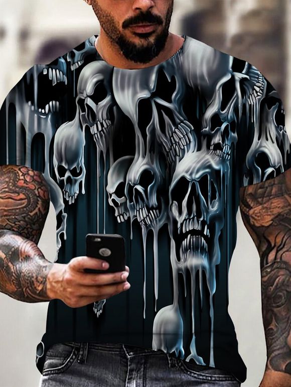 T-shirt D'Halloween Gothique à Imprimé 3D Crâne à Manches Courtes - multicolor 2XL