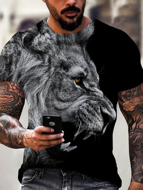 T-shirt Décontracté à Imprimé 3D Lion Cool à Manches Courtes - multicolor L
