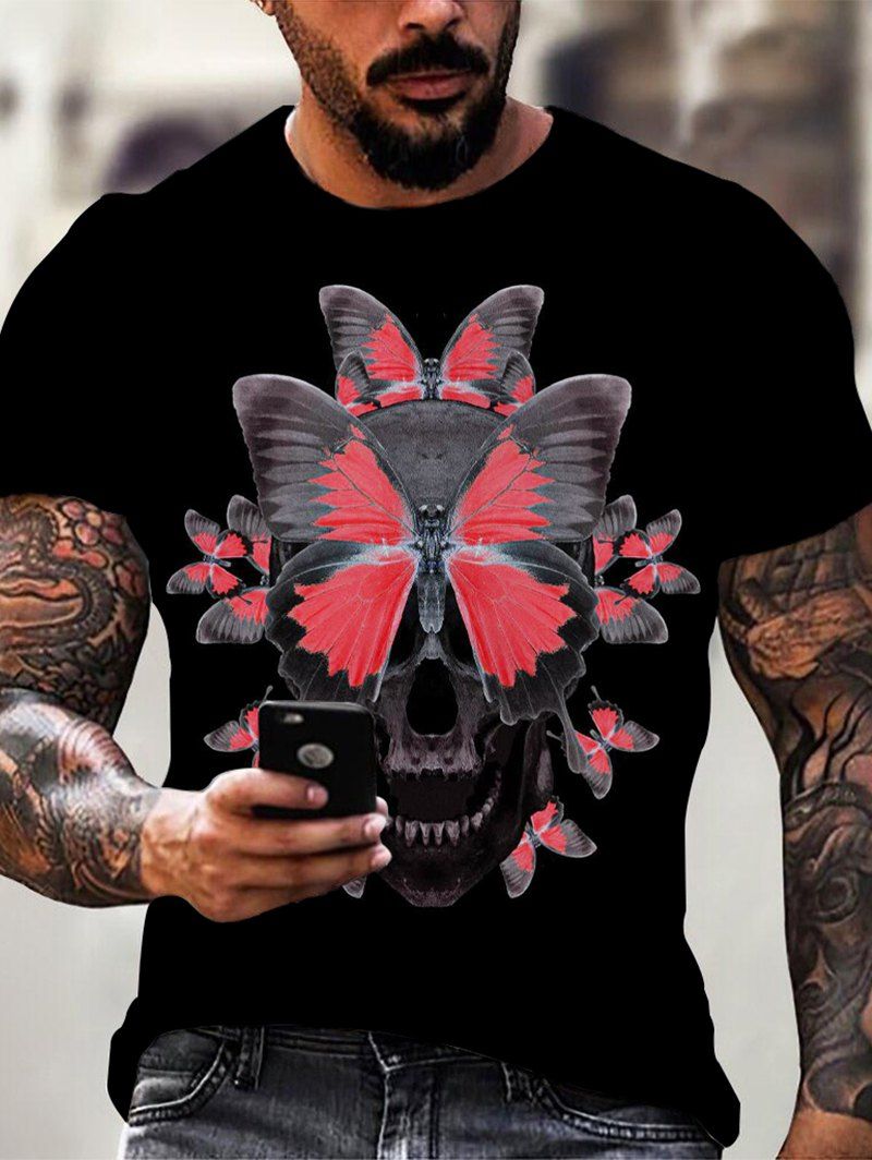 T-shirt D'Halloween Gothique à Imprimé Papillon Crâne - multicolor 3XL