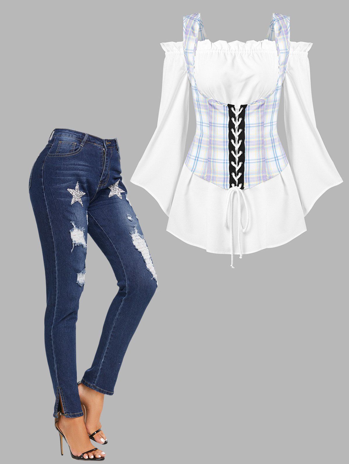 Ruffled Blouse Plaid Lace Up Corset Top Twinset and Star Distressed Skinny Jeans Outfit - multicolor S
