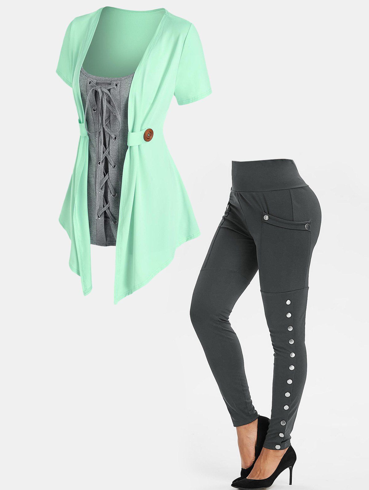 Lace Up Colorblock T-shirt and High Waisted Leggings Outfit - multicolor S