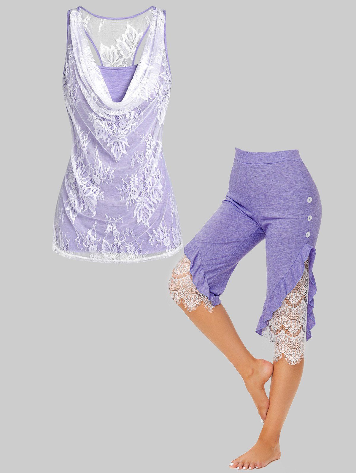 Flower Leaf Lace Overlay Tank Top and Ruffle Lace Panel Crop Pants Outfit - LIGHT PURPLE S