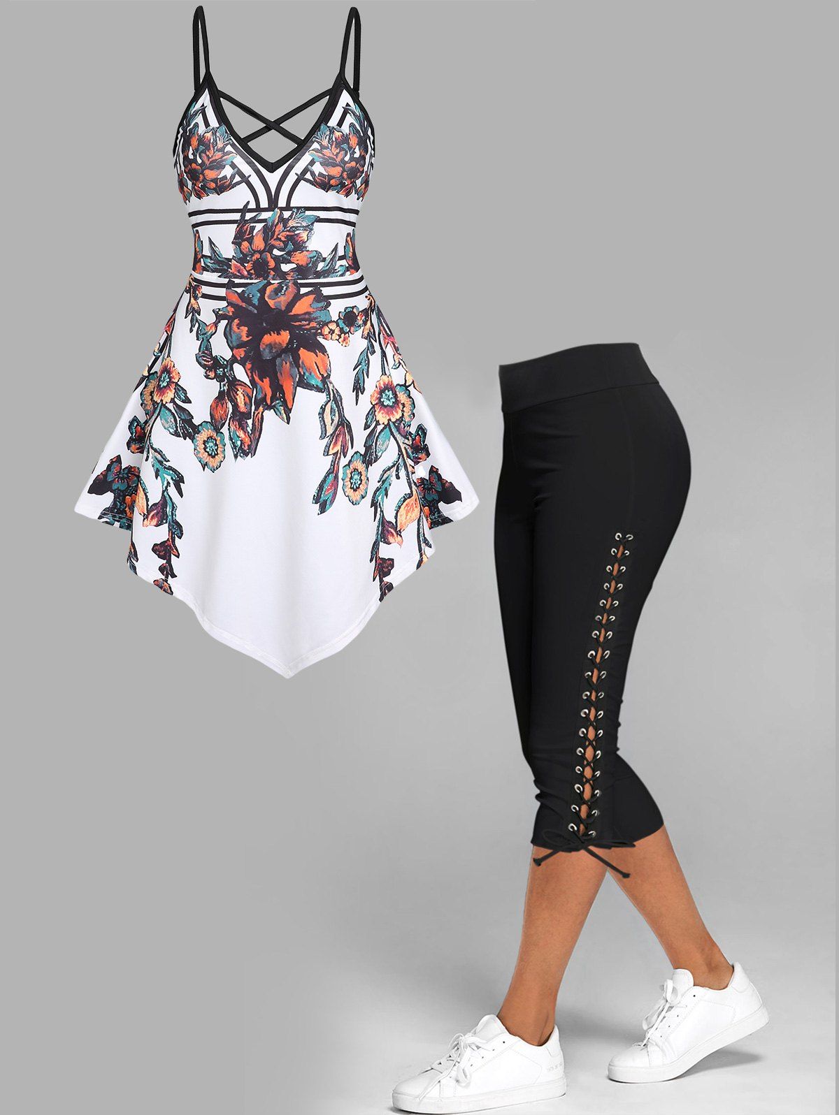 Asymmetrical Flower Cami Top and Lace Up Leggings Outfit - multicolor S