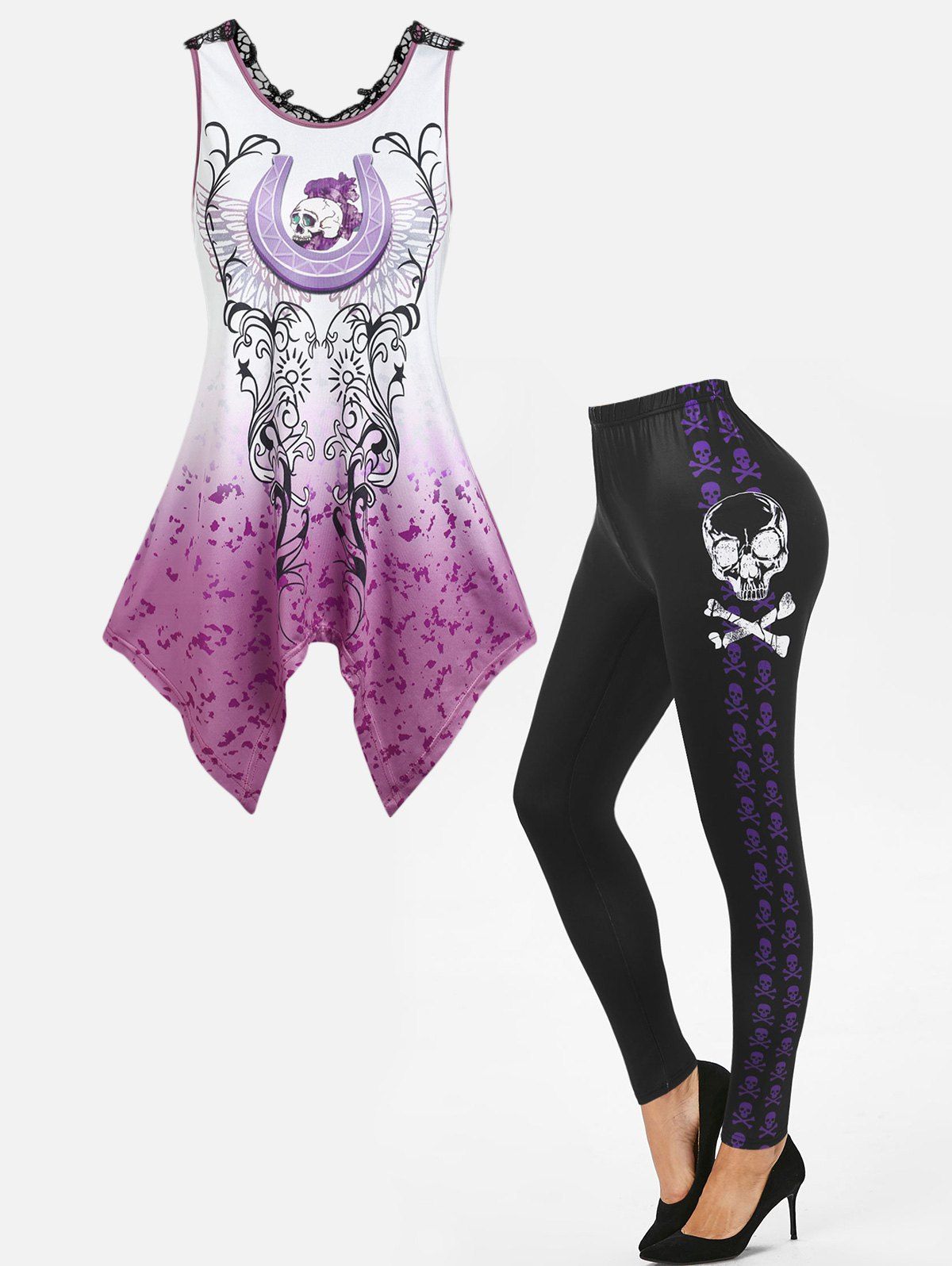Gothic Flower Skull Lace Asymmetric Tank Top And High Rise Leggings Outfit - multicolor S