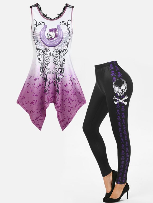 Ensemble de Débardeur Asymétrique Gothique Crâne en Dentelle et Legging à Taille Haute - multicolor S