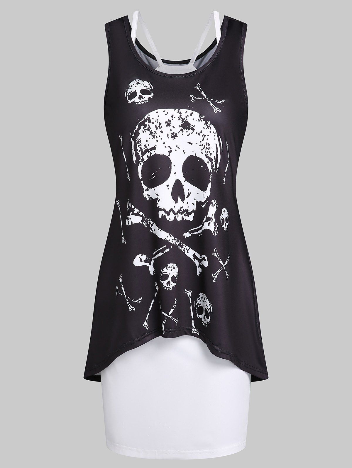 Skull Print Tank Dress And Cami Dress Two Piece Set - BLACK XL