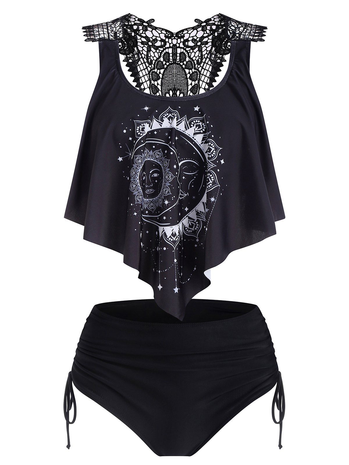 Celestial Sun Moon Print Ruffle Lace Back Tankini Swimsuit - BLACK XL