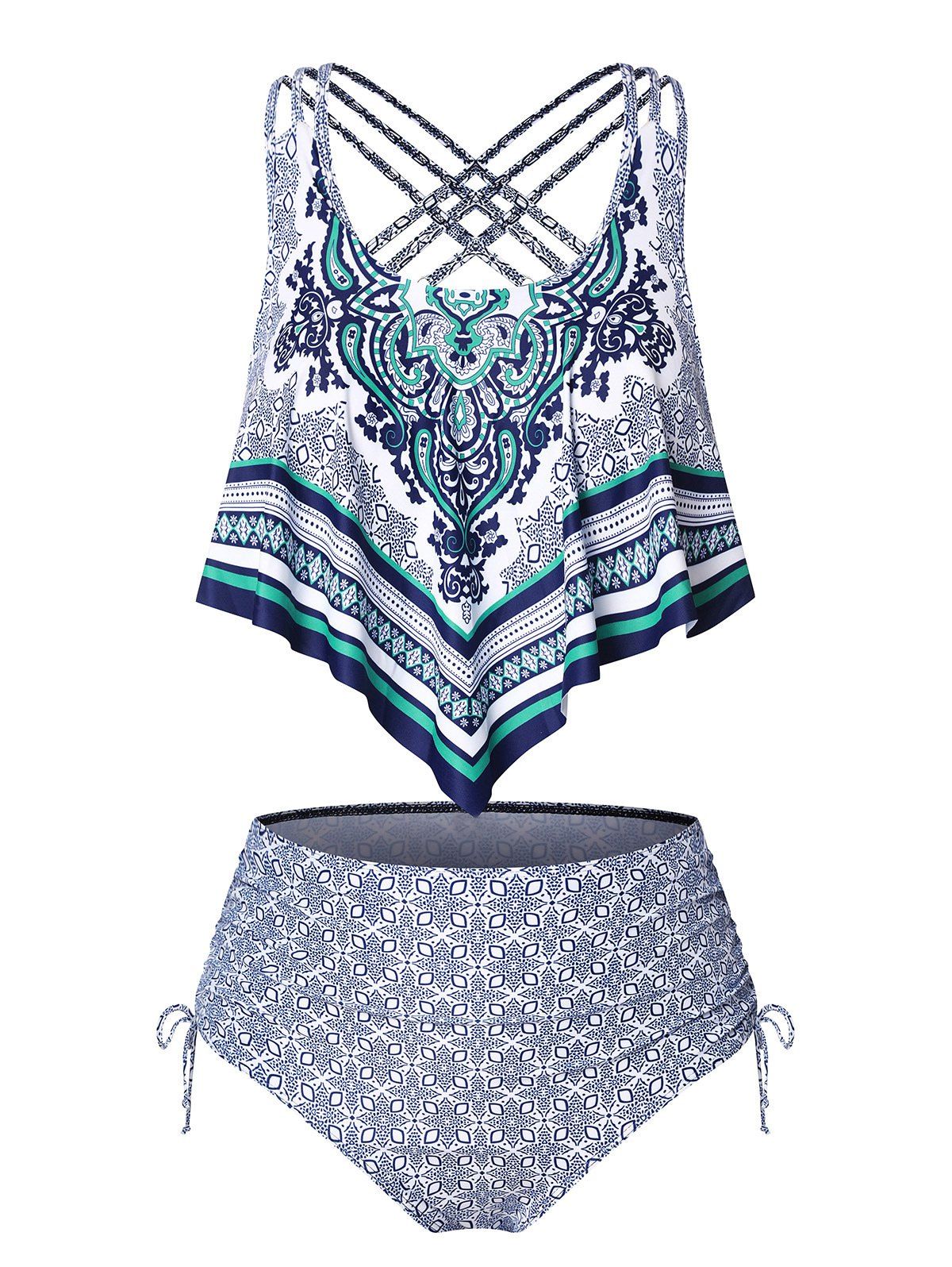 Plus Size Bohemian Cinched Crisscross Tankini Swimsuit - multicolor L