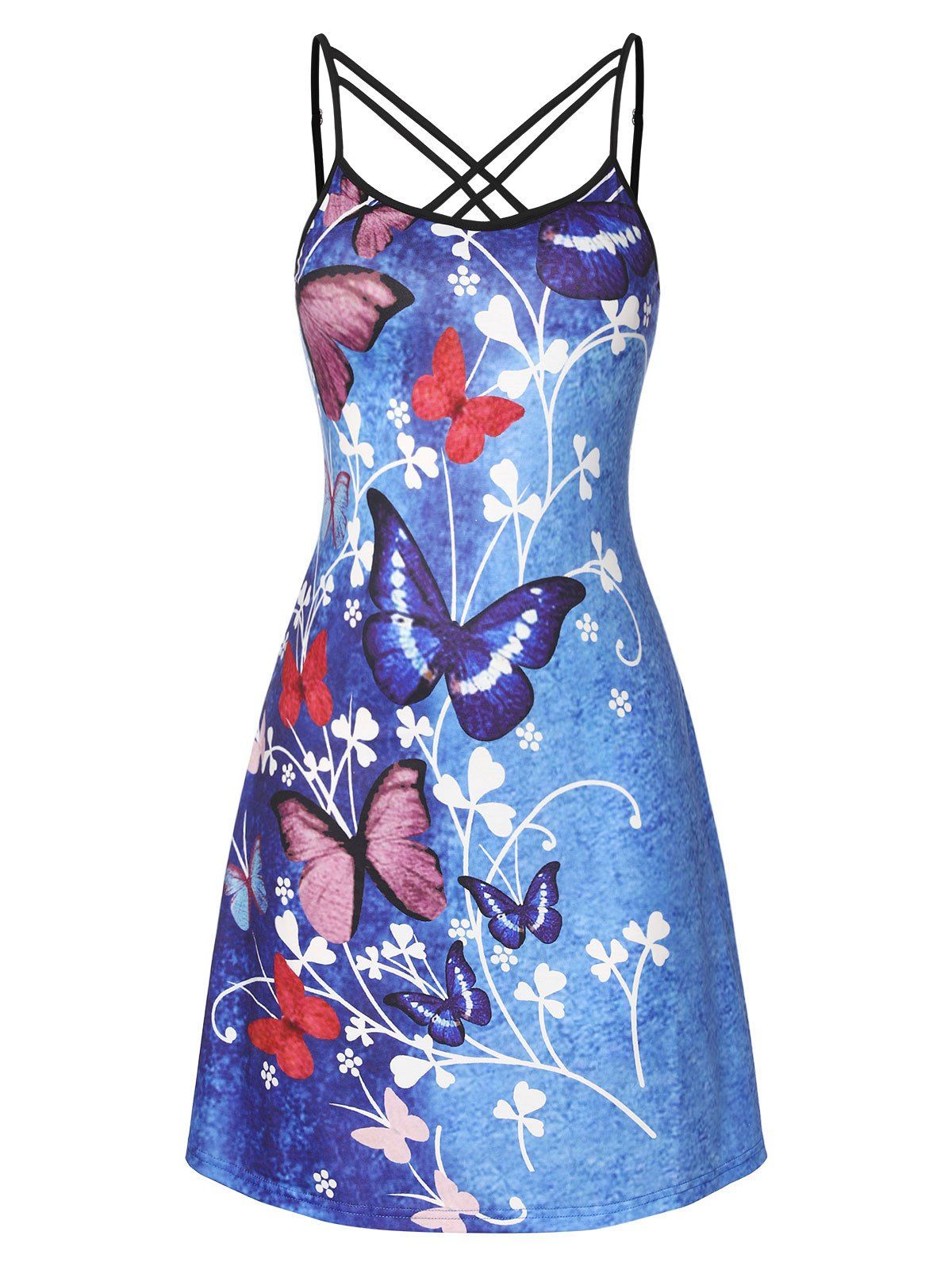 Robe Fleurie à Bretelle Croisée Papillon de Grande Taille en Treillis - Bleu L