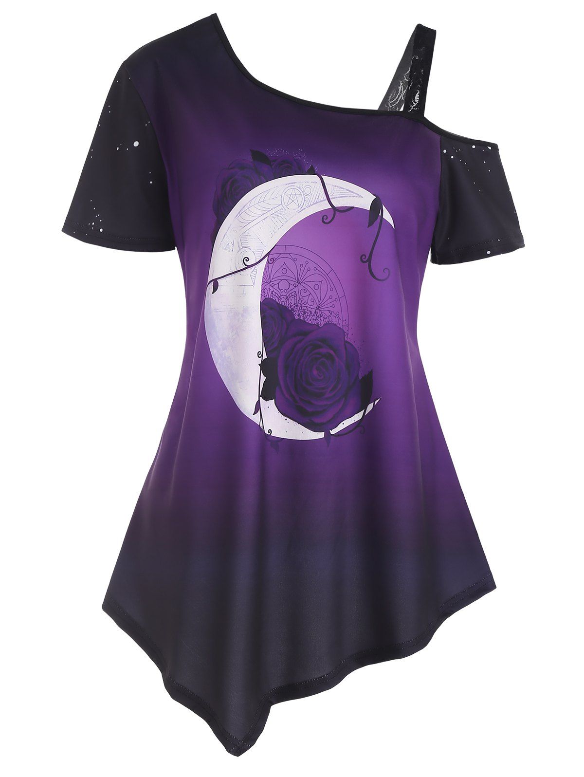 T-shirt Asymétrique Ombré à Imprimé Lune de Grande Taille à Col Oblique - multicolor 4X