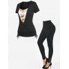 Surplice Cinched Flower Print T-shirt and Cinched Skinny Pants Outfit - BLACK S