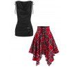 Draped Cinched Tank Top and Plaid Handkerchief Skirt Outfit - multicolor S