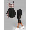 Plaid Skirted Cami Top and Lace Up Capri Leggings Outfit - multicolor S