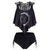 Vintage Tankini Swimsuit Celestial Sun Moon Print Ruffle Hollow Out Lace Panel Cinched High Waisted Beach Swimwear - BLACK S