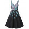 Peacock Feather Print A Line Dress Lace Up Ruched Bust Sleeveless Midi Dress - BLACK XL