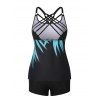 Modest Swimsuit Leaves Print Lattice Strap Tankini Swimwear - BLACK L