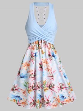 Flower Print Vacation Dress Front Crossover Plunge Mini Dress Lace Up Cutout A Line Combo Dress