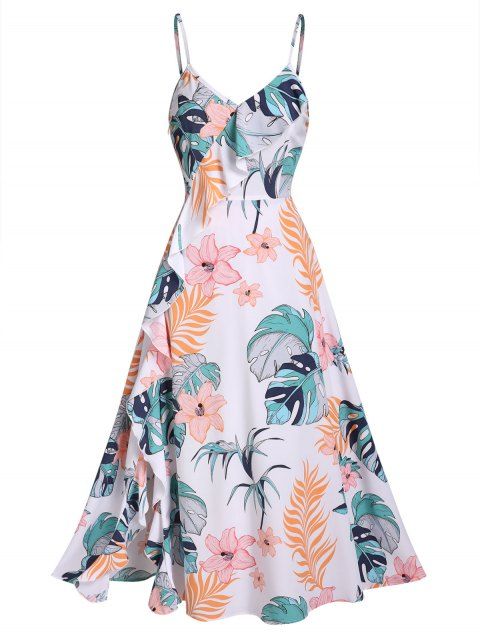 Leaf Flower Print Sundress Flounce Midi Cami Dress