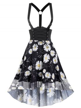 Lace Up Daisy Floral Mesh High Low Suspender Dress