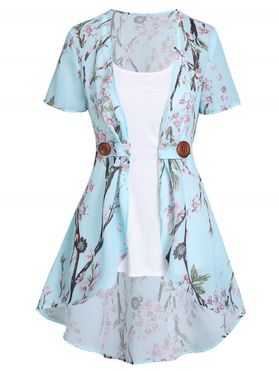 Vacation Chiffon Irregular Allover Peach Blossom Floral Print Blouse and Camisole Set