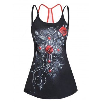 

Cross Rose Print Gothic Tank Top, Black