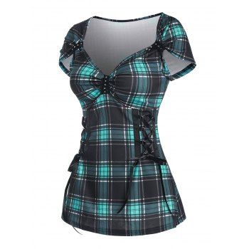 

Plaid Rivet Embellished Sweetheart Neck Lace Up Corset Style T Shirt, Green