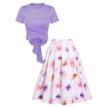 

Cross Wrap Bowknot Heathered Top and Butterfly Rose Flower Pleated Skirt Outfit, Light purple