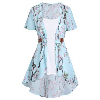 Vacation Chiffon Irregular Allover Peach Blossom Floral Print Blouse and Camisole Set dresslily imagine noua 2022