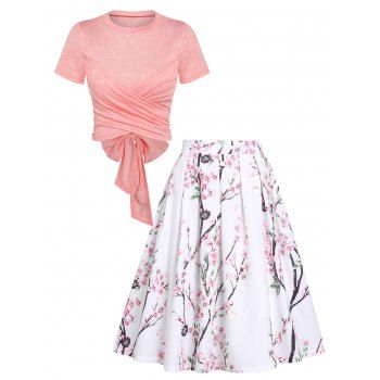 

Cross Wrap Bowknot Heathered Top and Butterfly Rose Flower Pleated Skirt Outfit, White