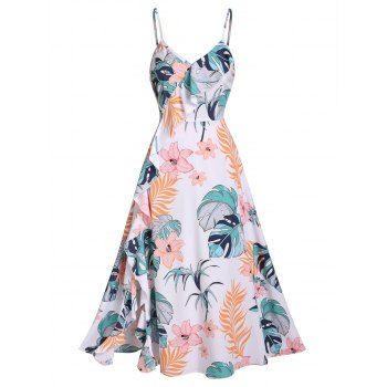 

Leaf Flower Print Sundress Flounce Midi Cami Dress, White