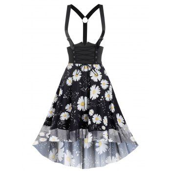 Lace Up Daisy Floral Mesh High Low Suspender Dress