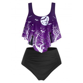 Plus Size Flounce Bat Print Ruched Tankini Swimwear