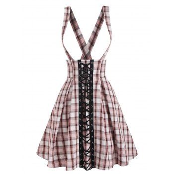 

Plaid Lace Up Cross Suspender Skirt, Light pink