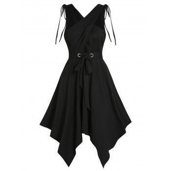 

Crossover Cinched Tie Hanky Hem Dress, Black